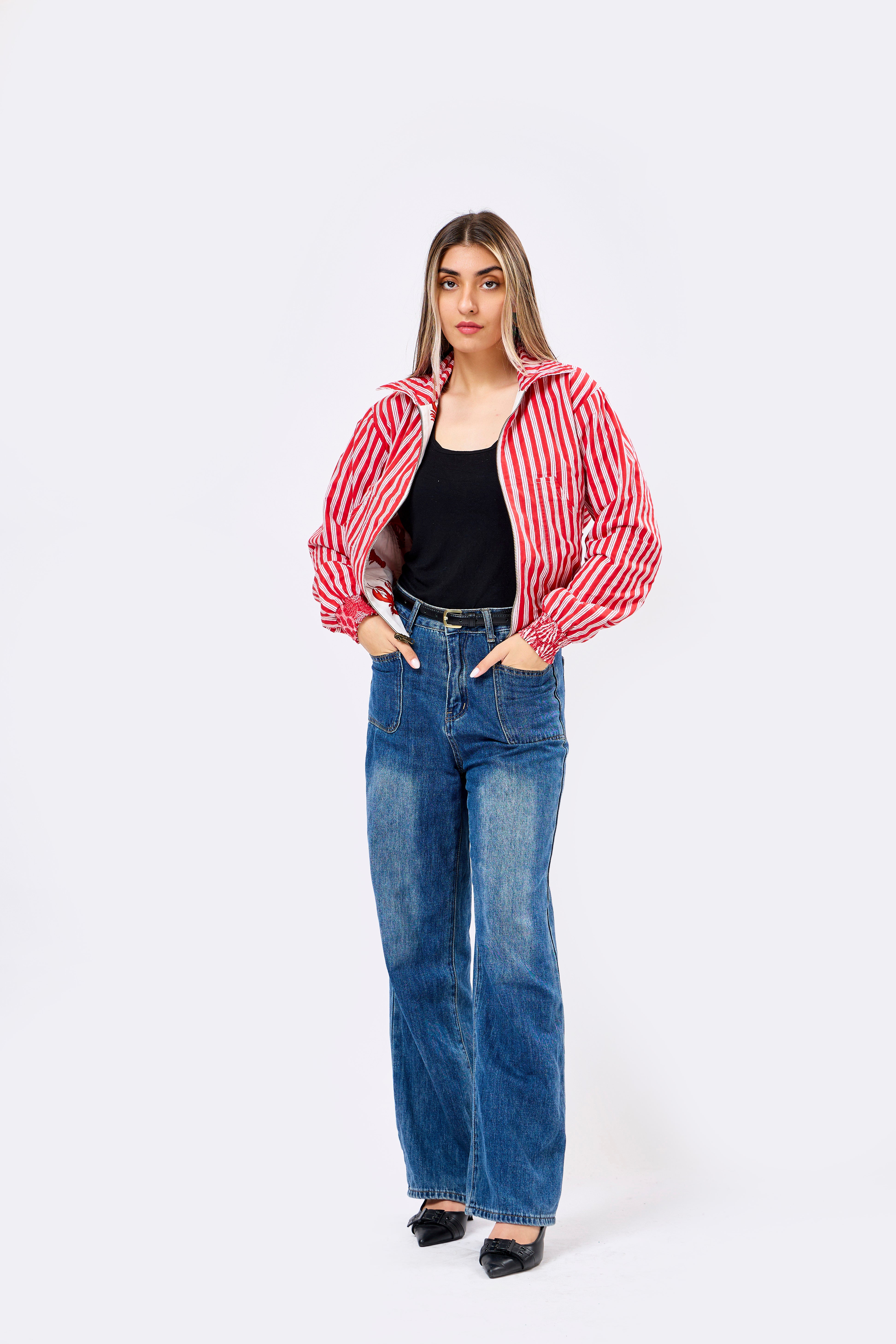 Image of Reversible Multicolour Hand Block Printed Cotton Bomber Jacket with Lobster Motif | Sangmar