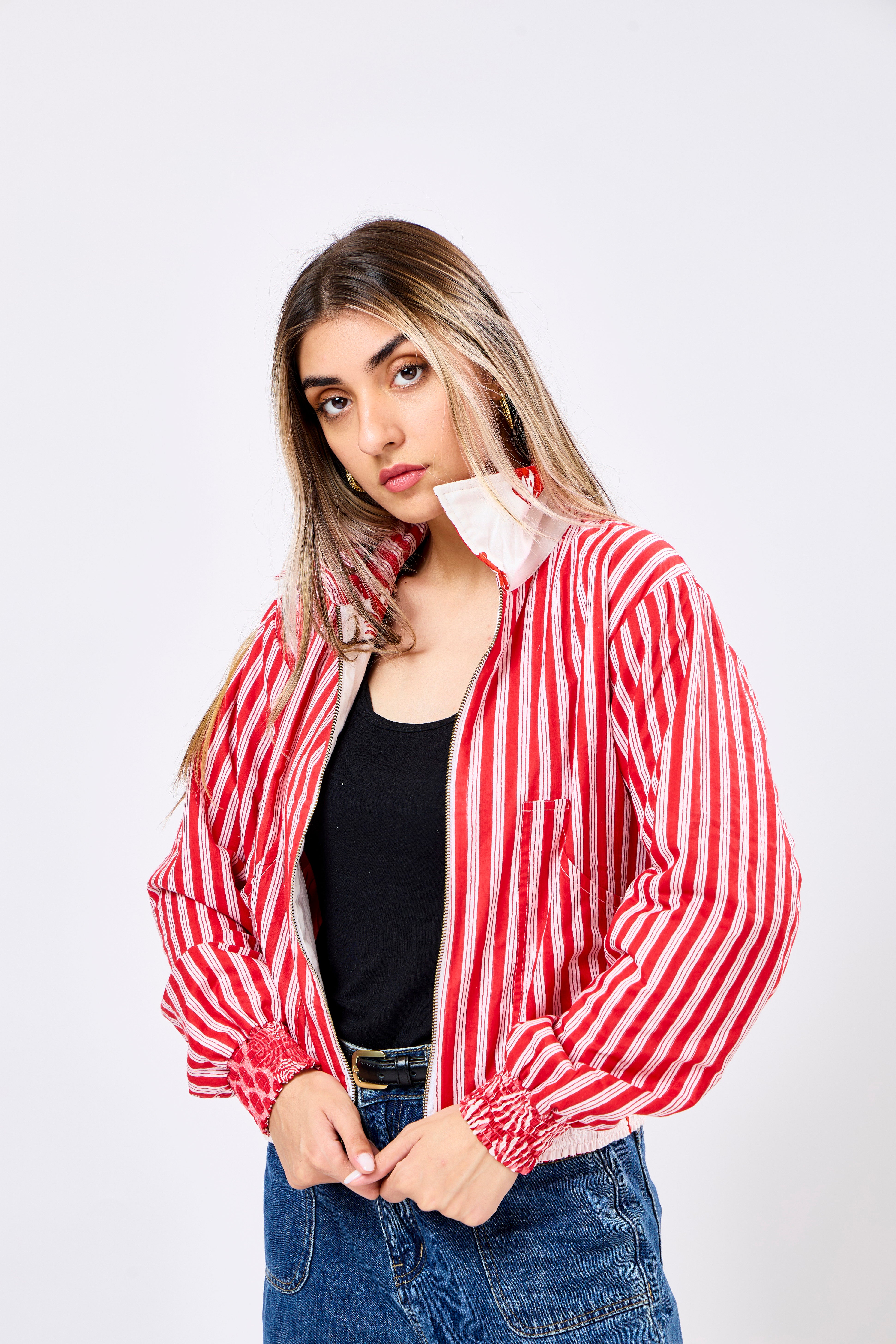Image of Reversible Multicolour Hand Block Printed Cotton Bomber Jacket with Lobster Motif | Sangmar