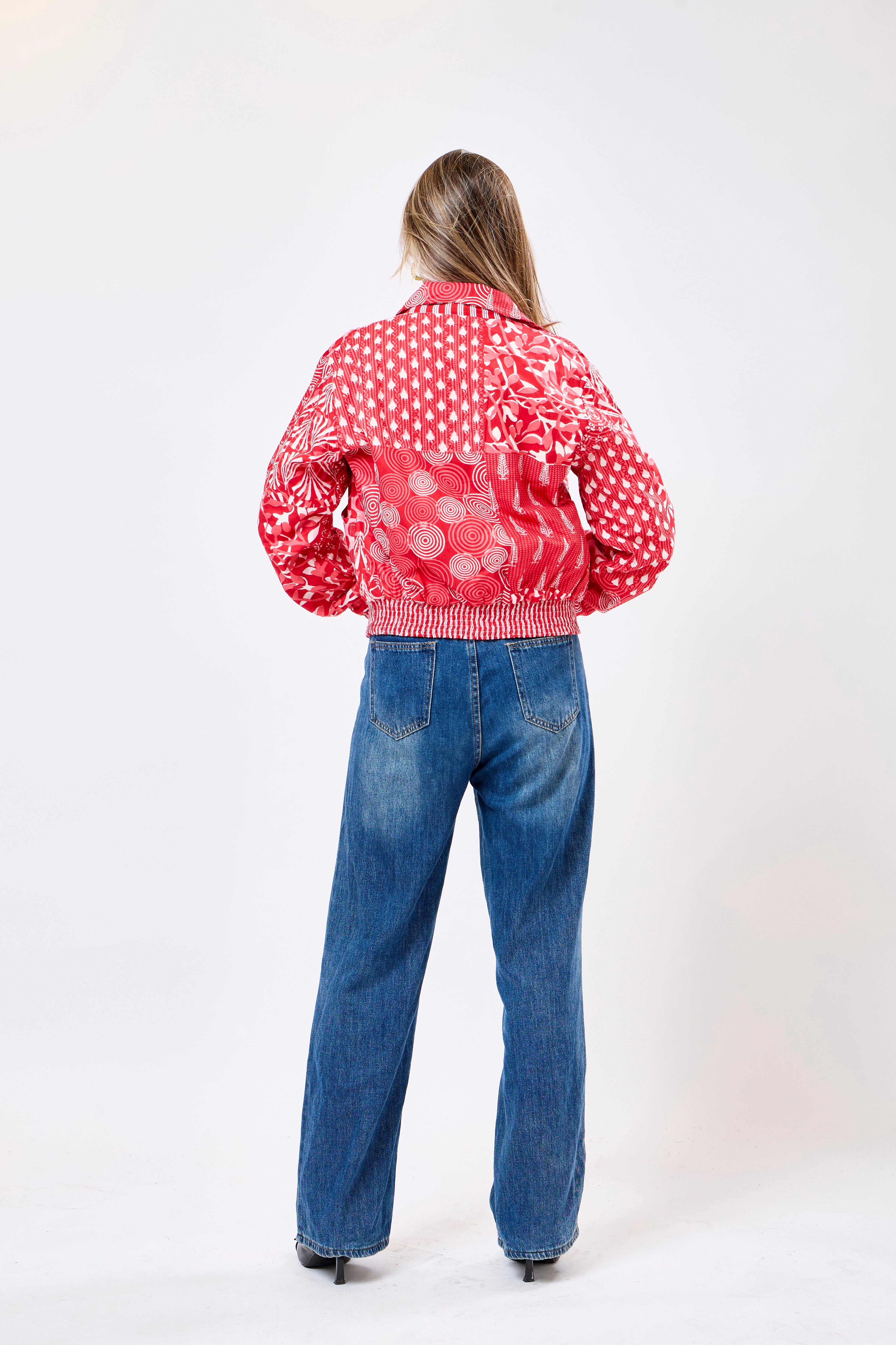 Image of Reversible Multicolour Hand Block Printed Cotton Bomber Jacket with Geometric & Organic Motif | Spectra
