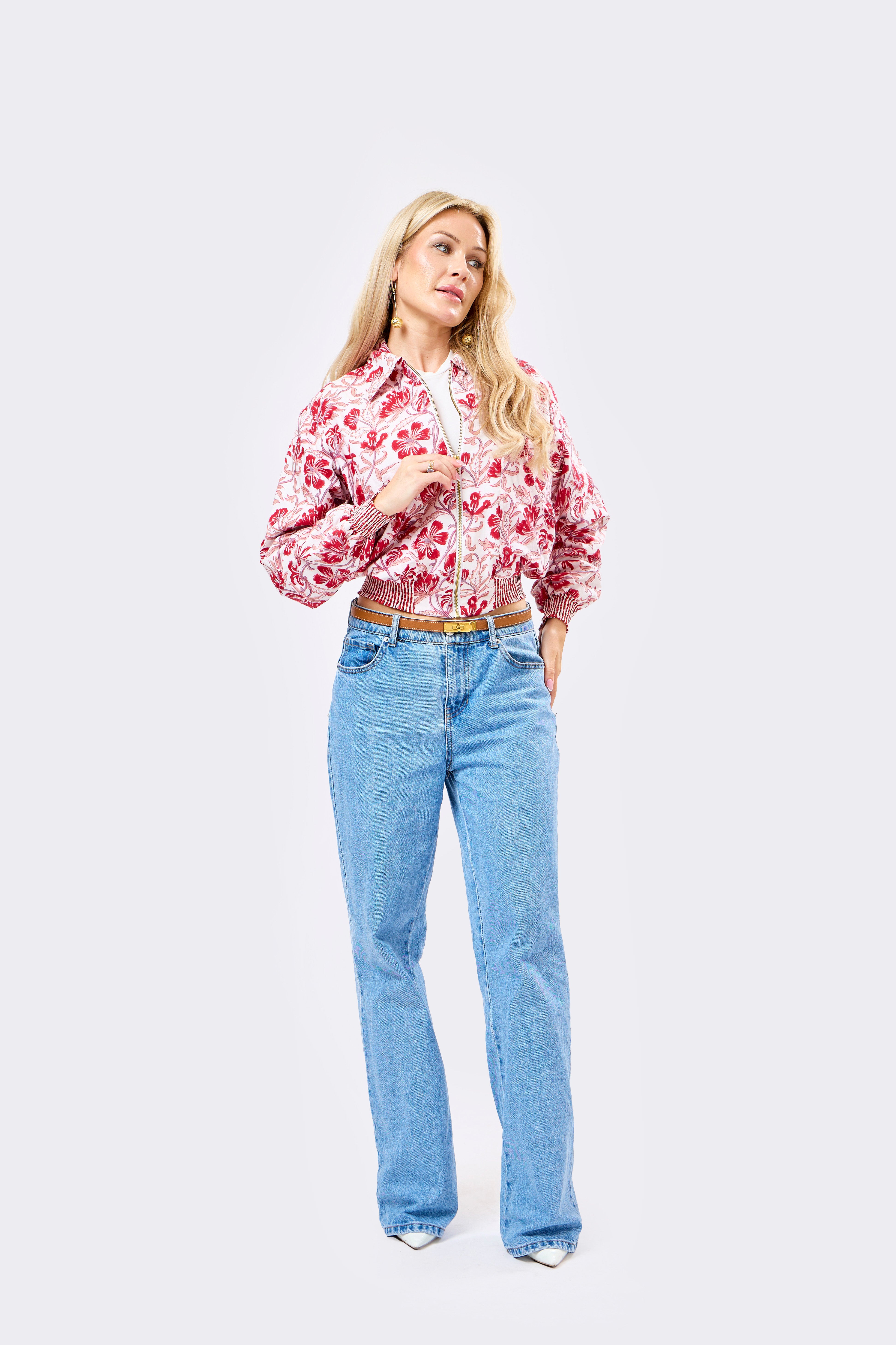 Image of Reversible Multicolour Hand Block Printed Cotton Bomber Jacket with Warm Floral Motif | Sange