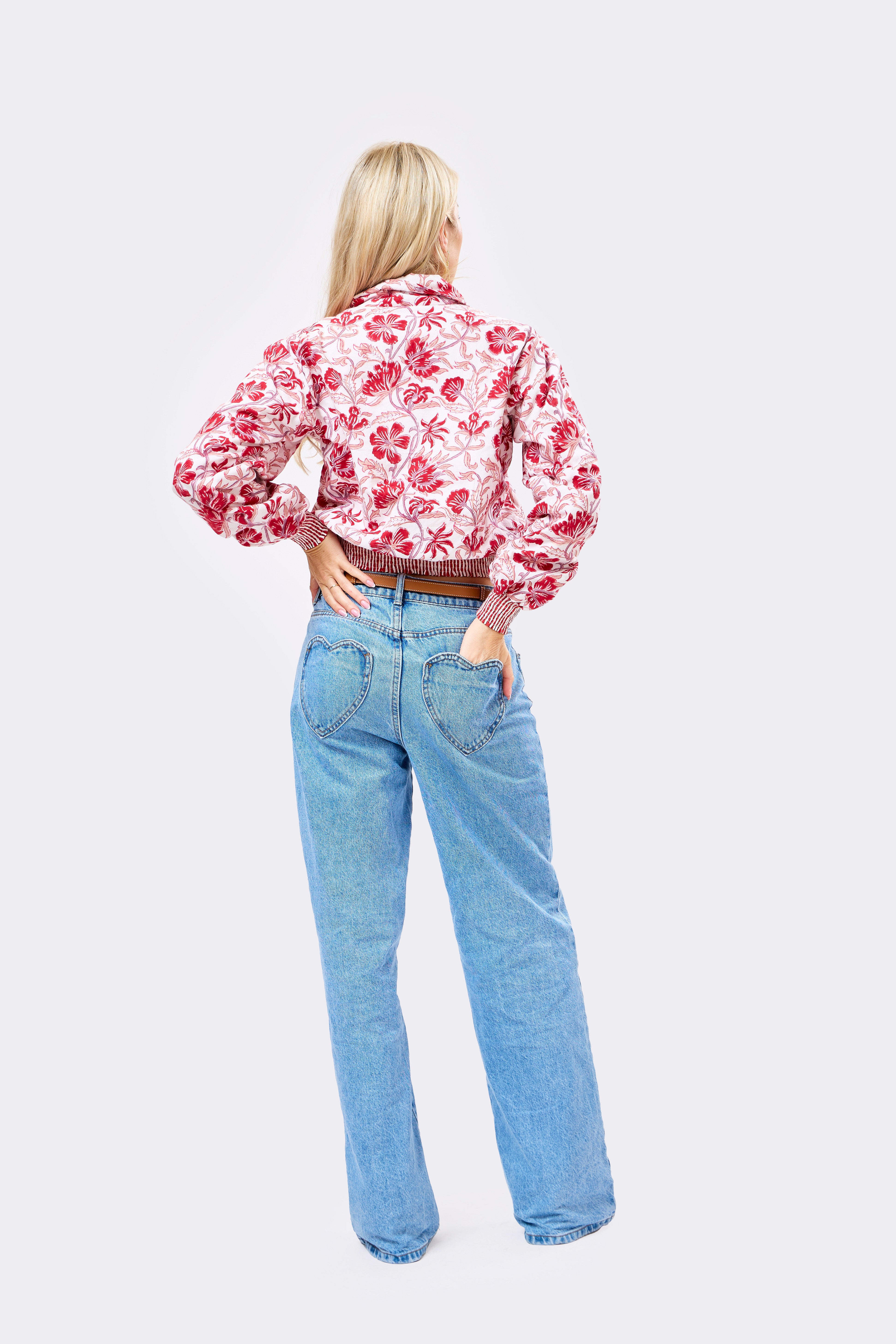 Image of Reversible Multicolour Hand Block Printed Cotton Bomber Jacket with Warm Floral Motif | Sange