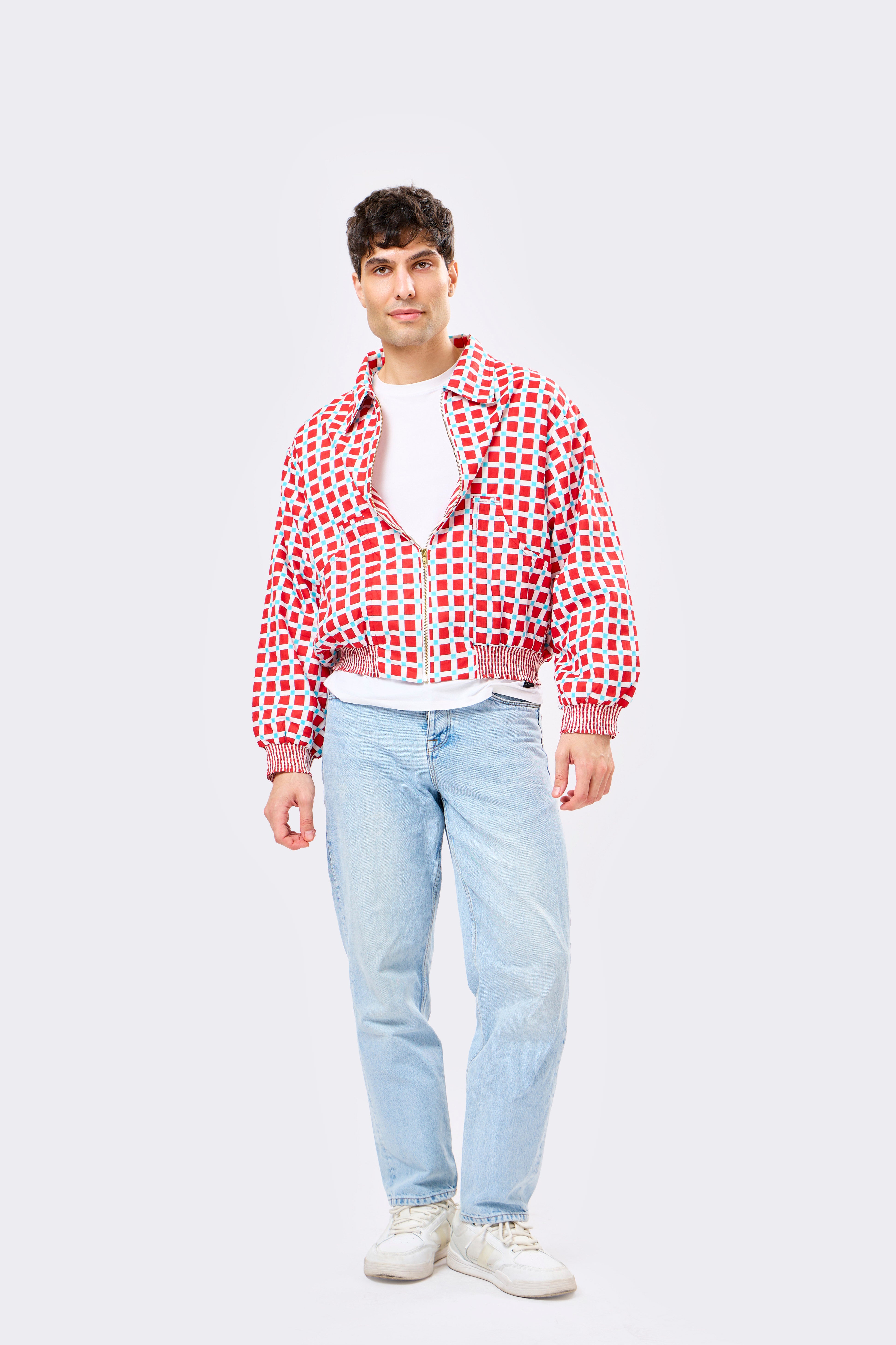 Image of Reversible Multicolour Hand Block Printed Cotton Bomber Jacket with Classic Check Pattern | Vero