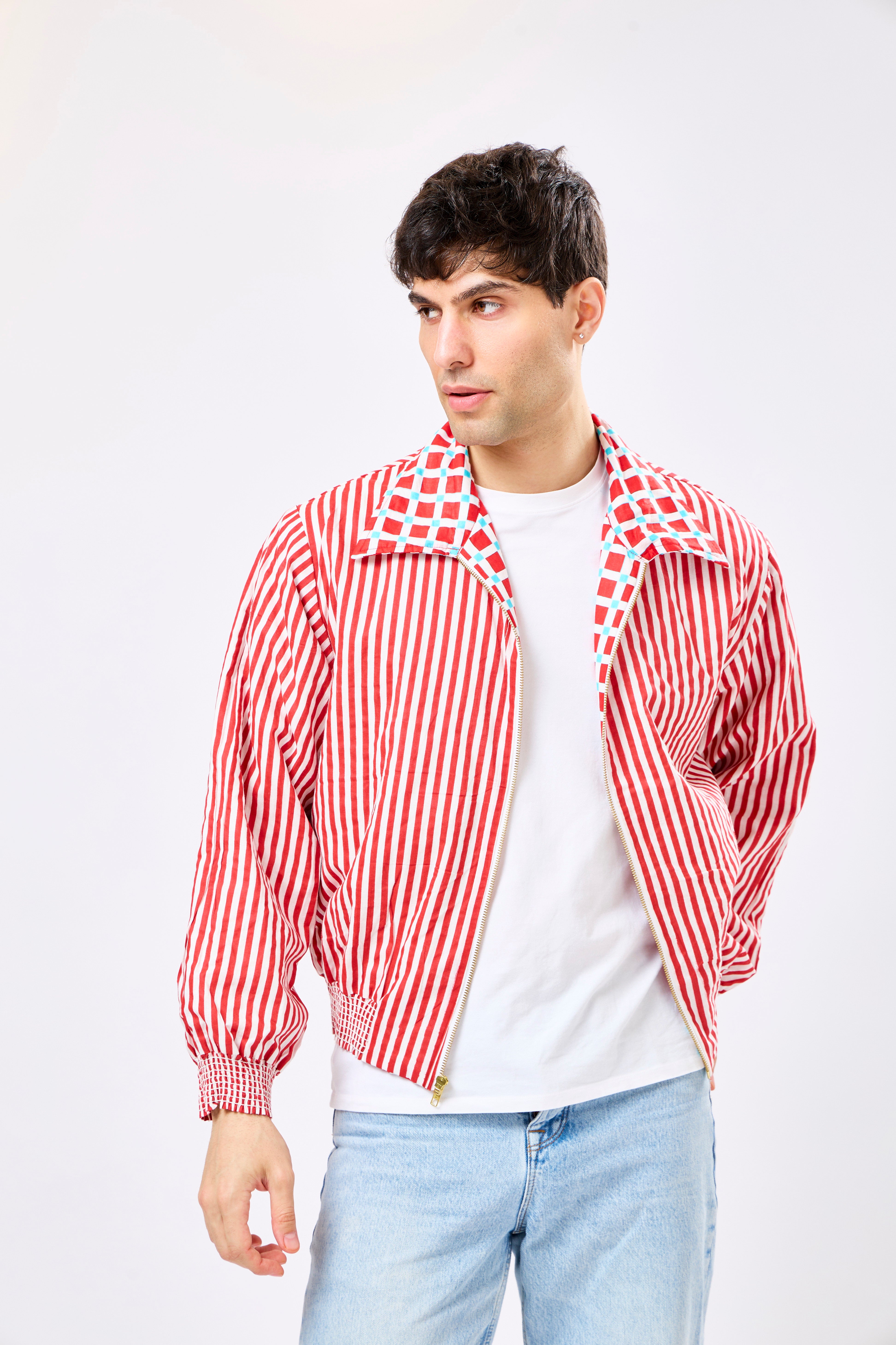 Image of Reversible Multicolour Hand Block Printed Cotton Bomber Jacket with Classic Check Pattern | Vero