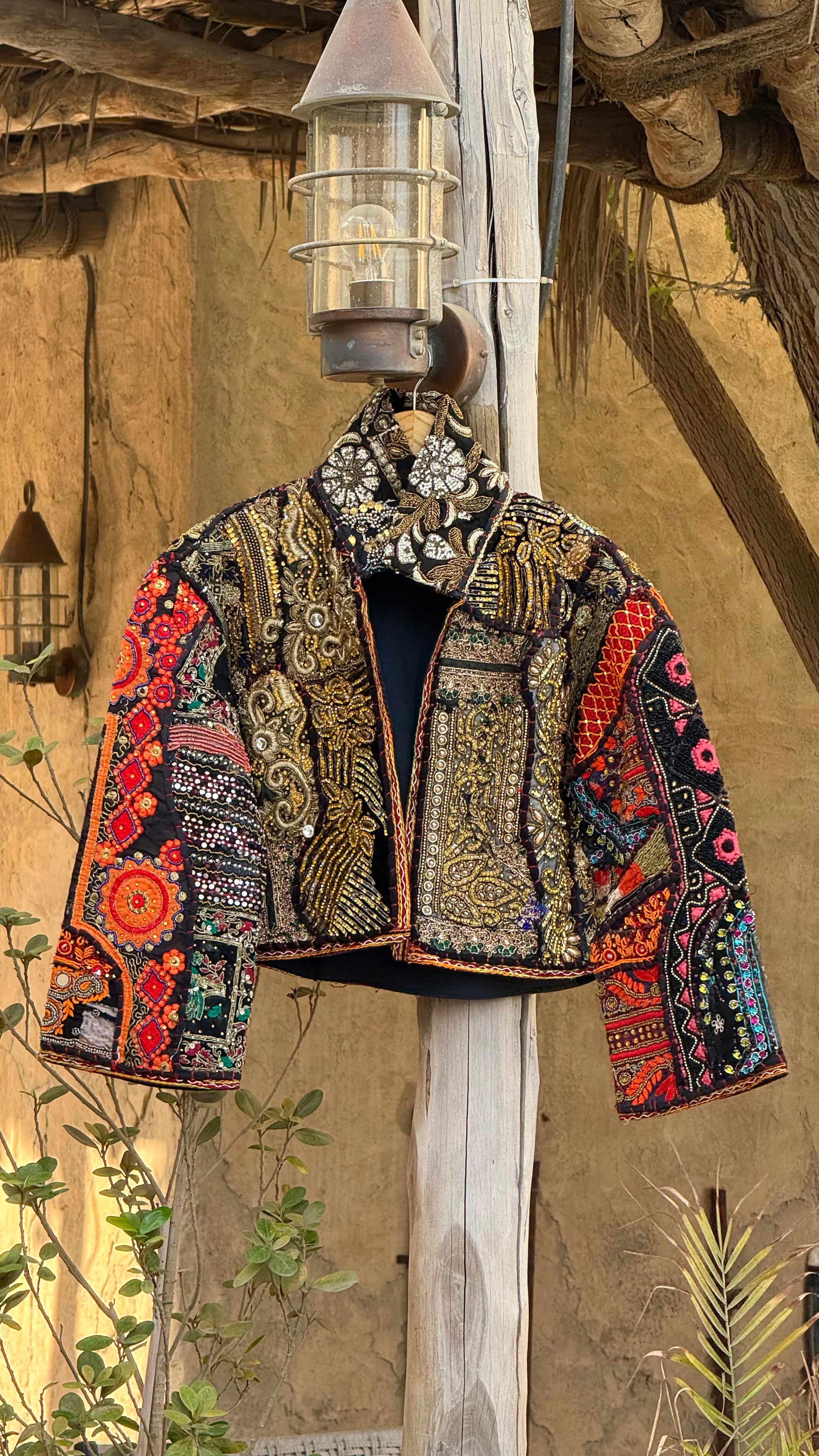 Image of Handmade Black Embroidered Jacket with Gold & Orange Beaded Detailing | Matteo
