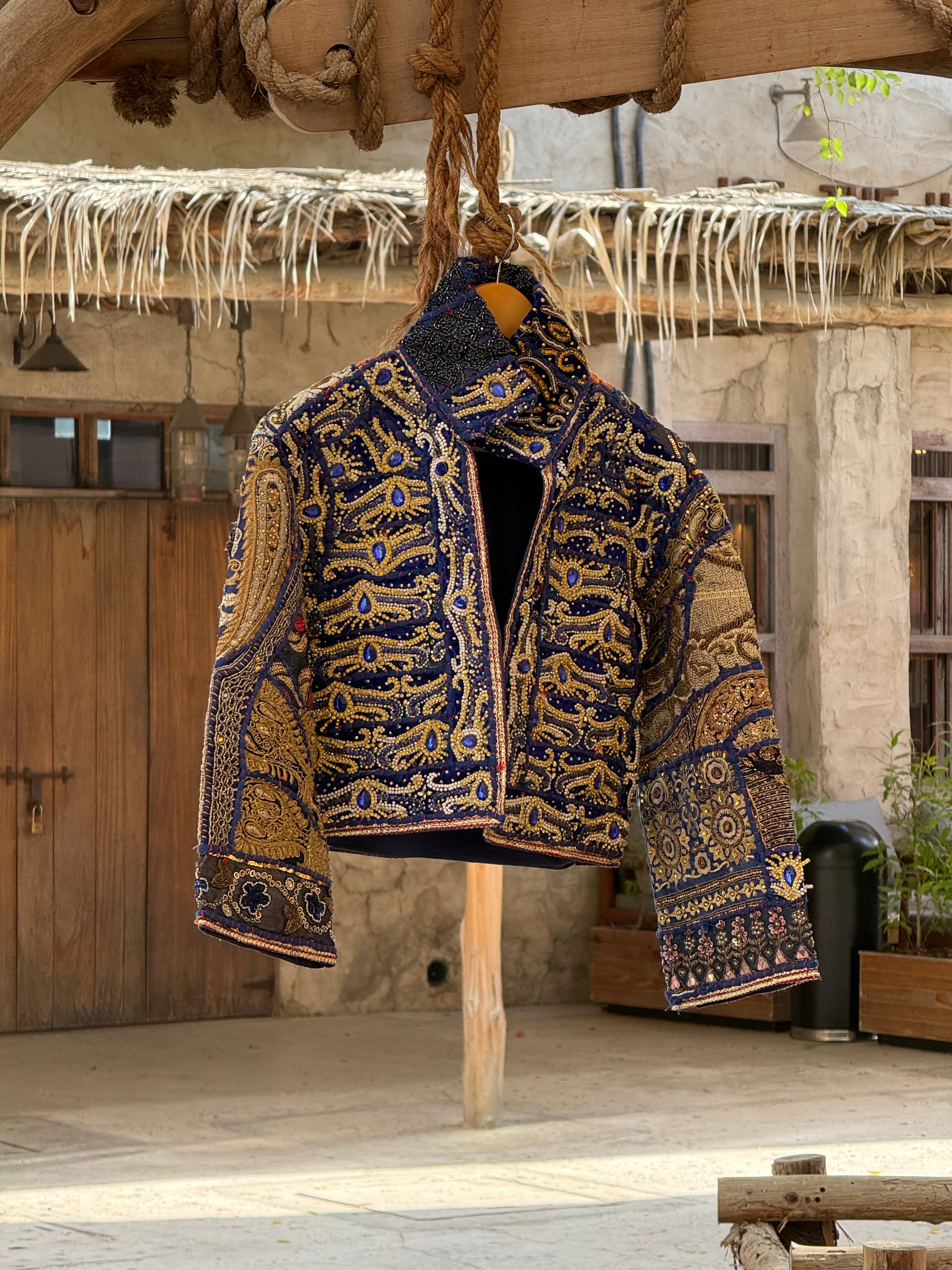 Image of Handmade Navy Embroidered Jacket with Gold & Blue Beaded Detailing | Elodie