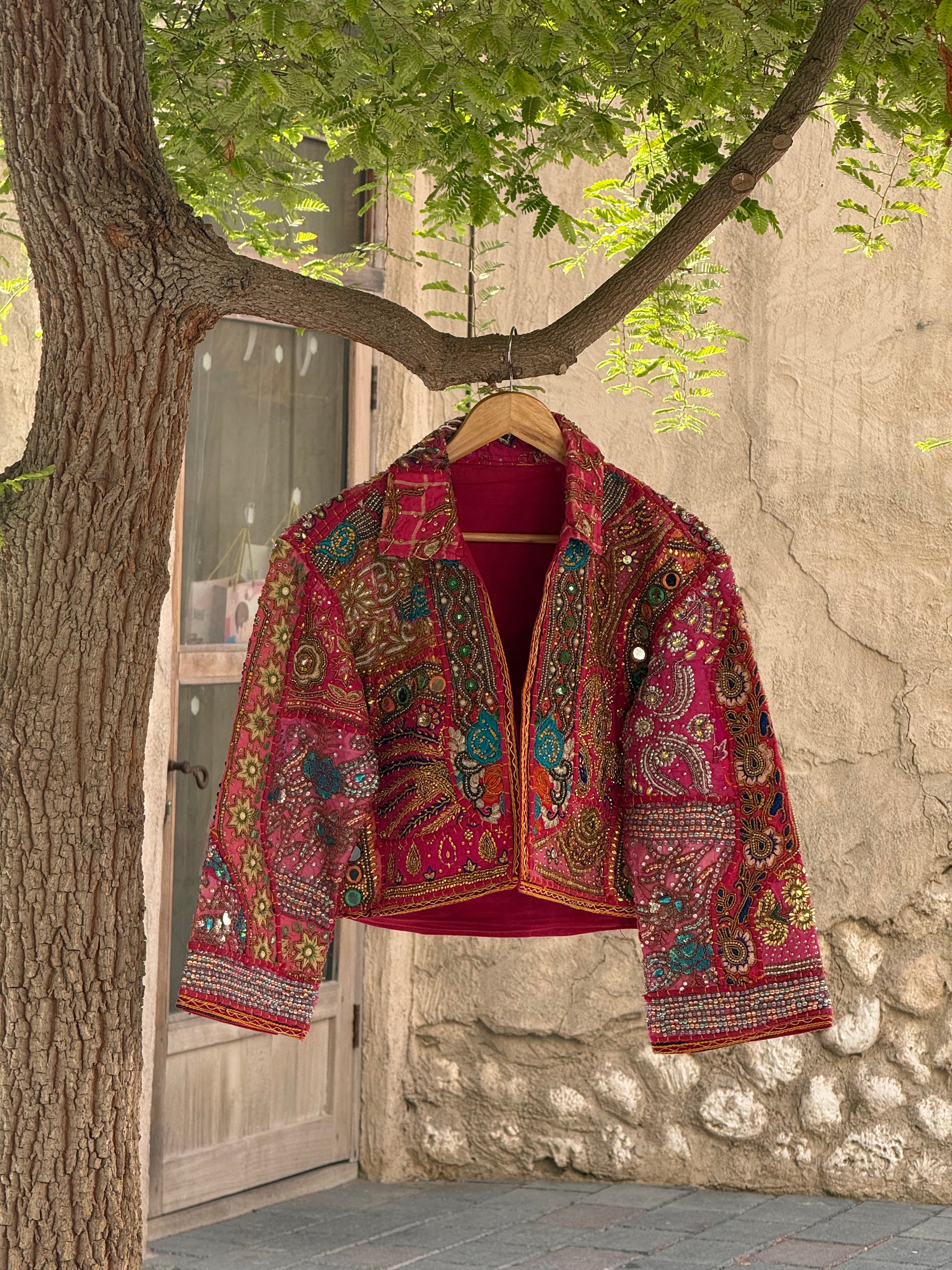 Image of Handmade Pink Embroidered Jacket with Multicolor Beaded Detailing | Amelie
