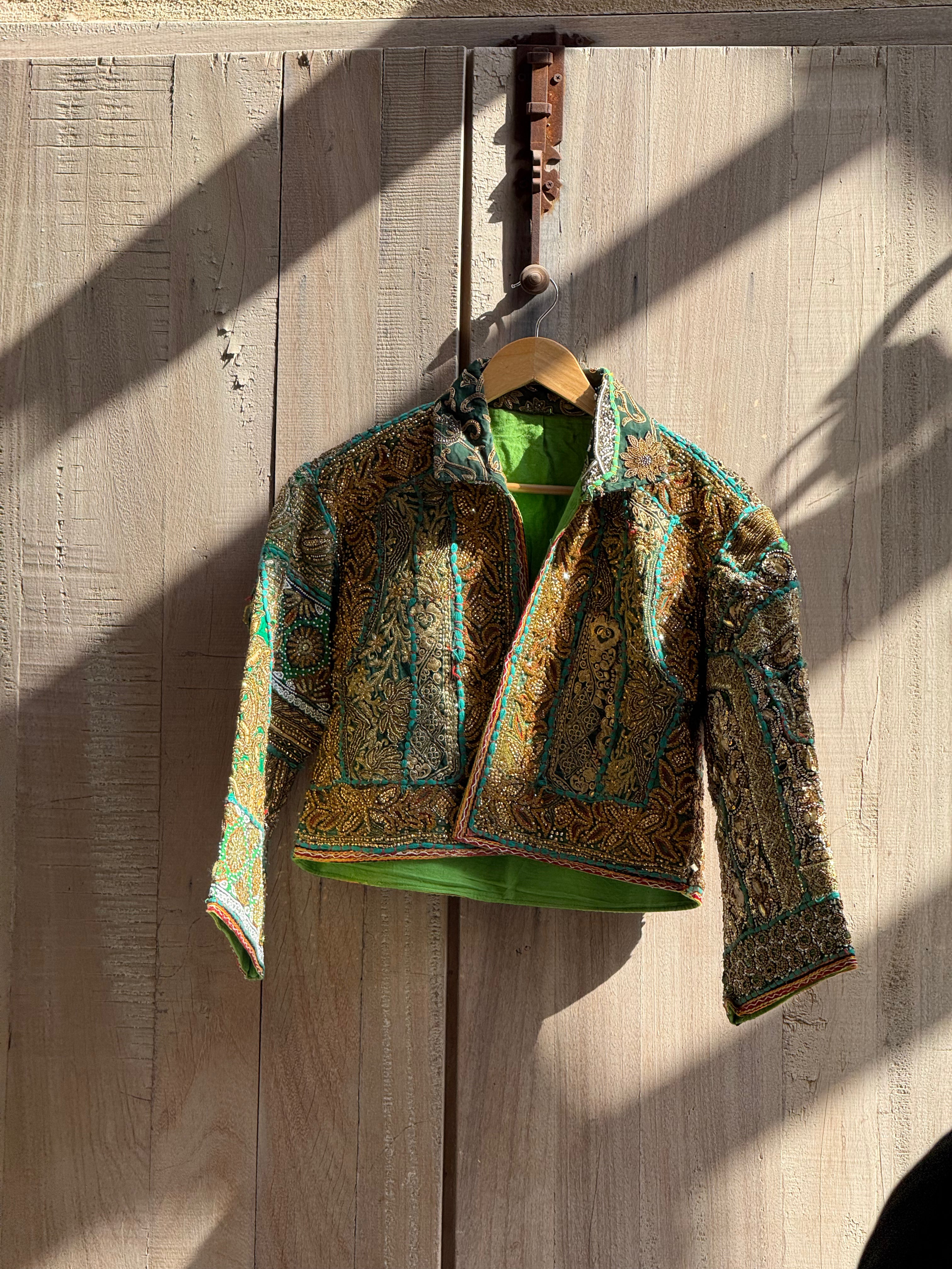 Image of Handmade Emerald Green Embroidered Jacket with Gold & Blue Beaded Detailing | Celeste