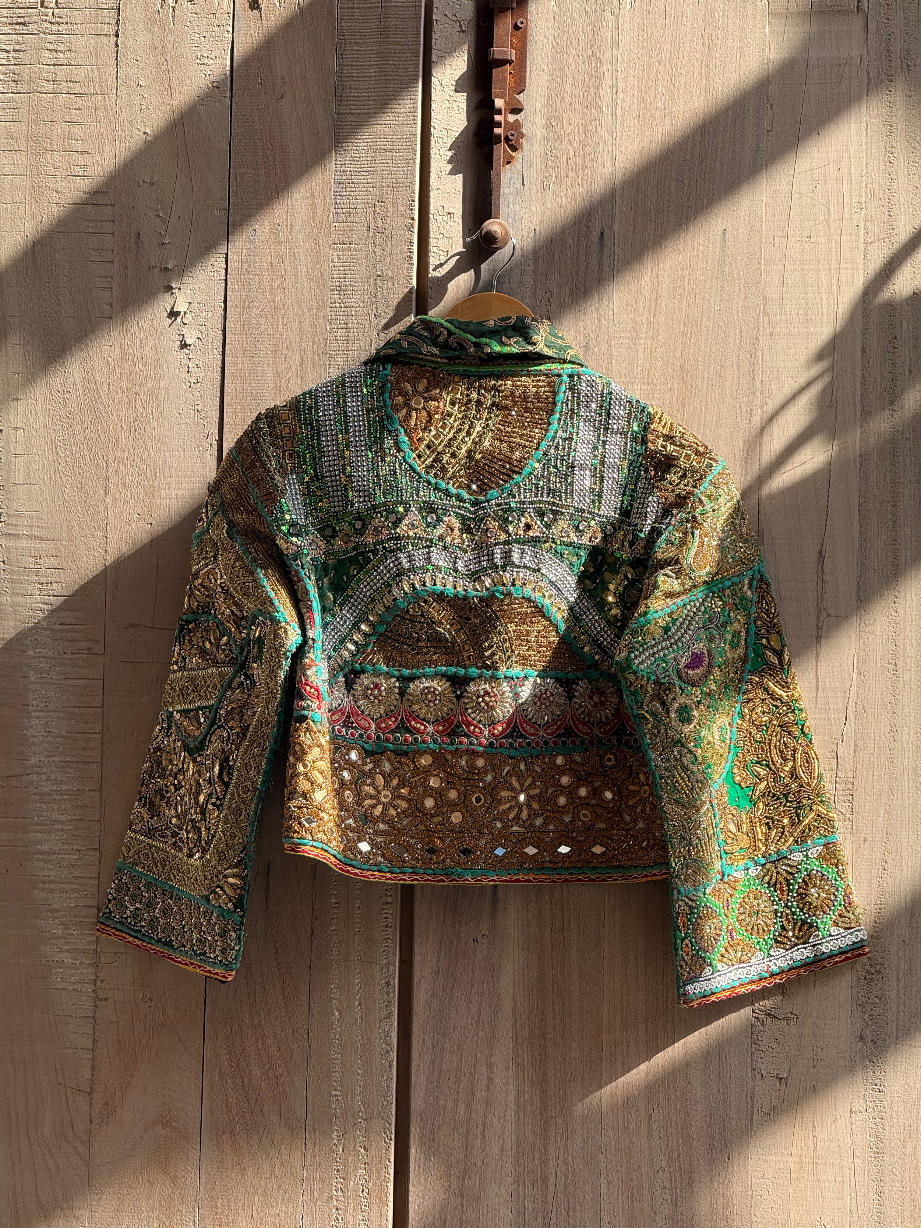 Image of Handmade Emerald Green Embroidered Jacket with Gold & Blue Beaded Detailing | Celeste