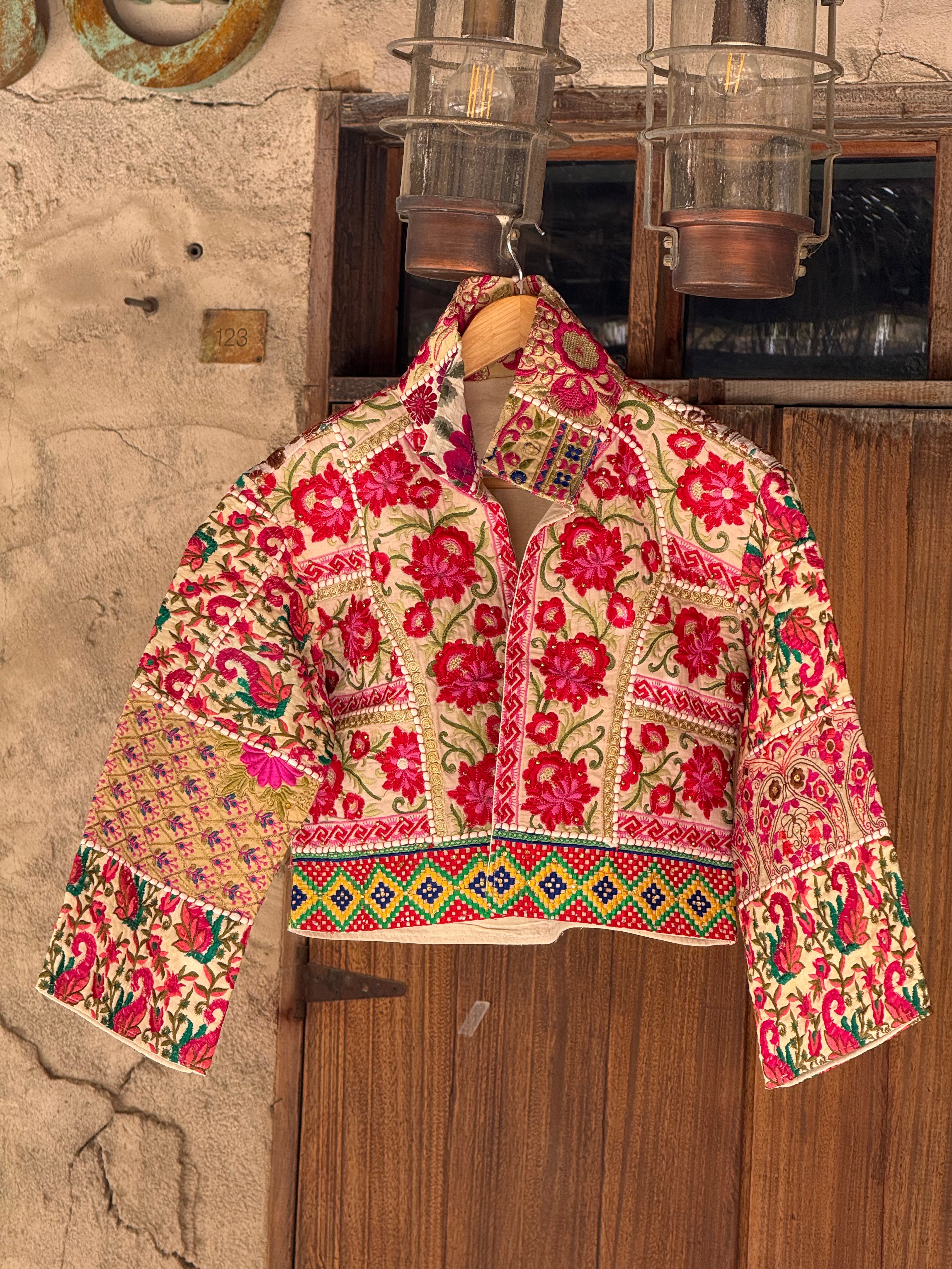 Image of Handmade Cream Floral Embroidered Jacket with Multicoloured Geometric Detailing | Riham