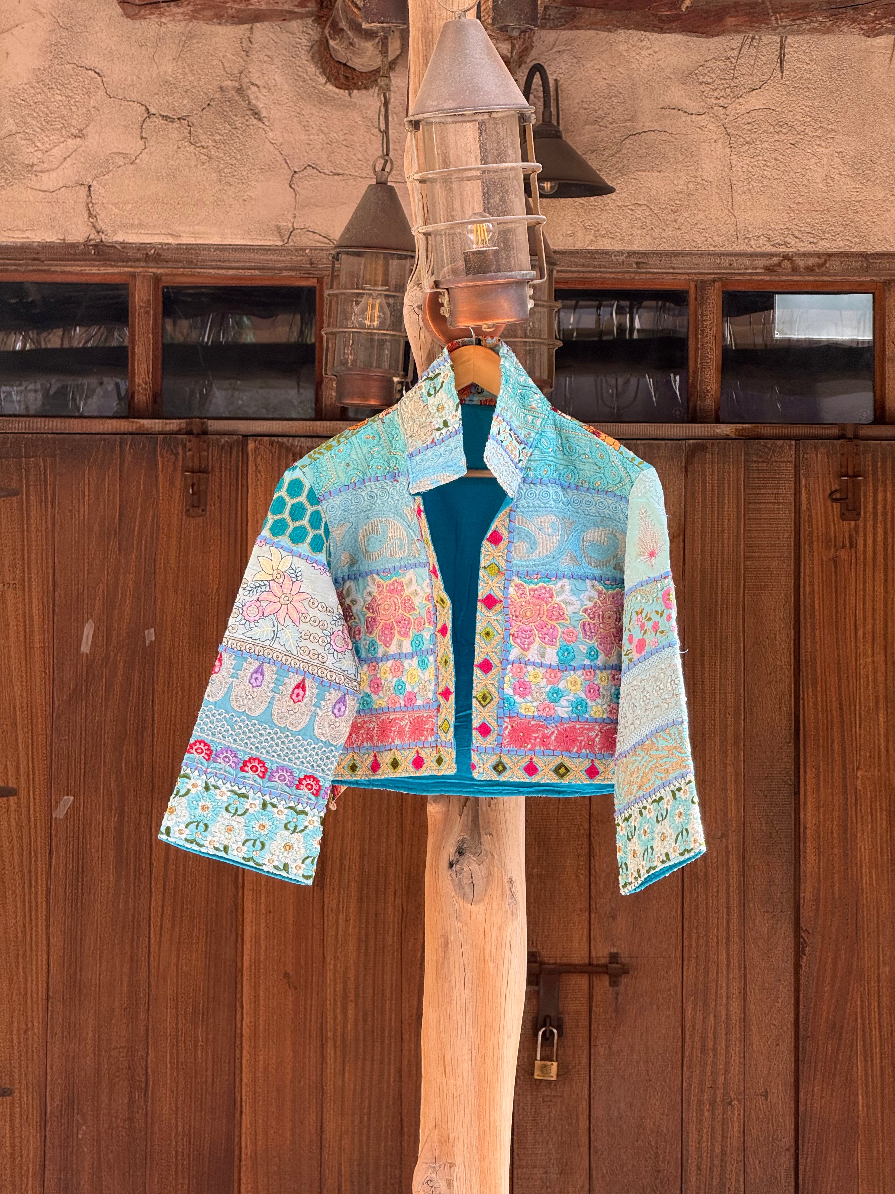 Image of Handmade Blue Patchwork Embroidered Jacket with Floral & Geometric Detailing | Elise