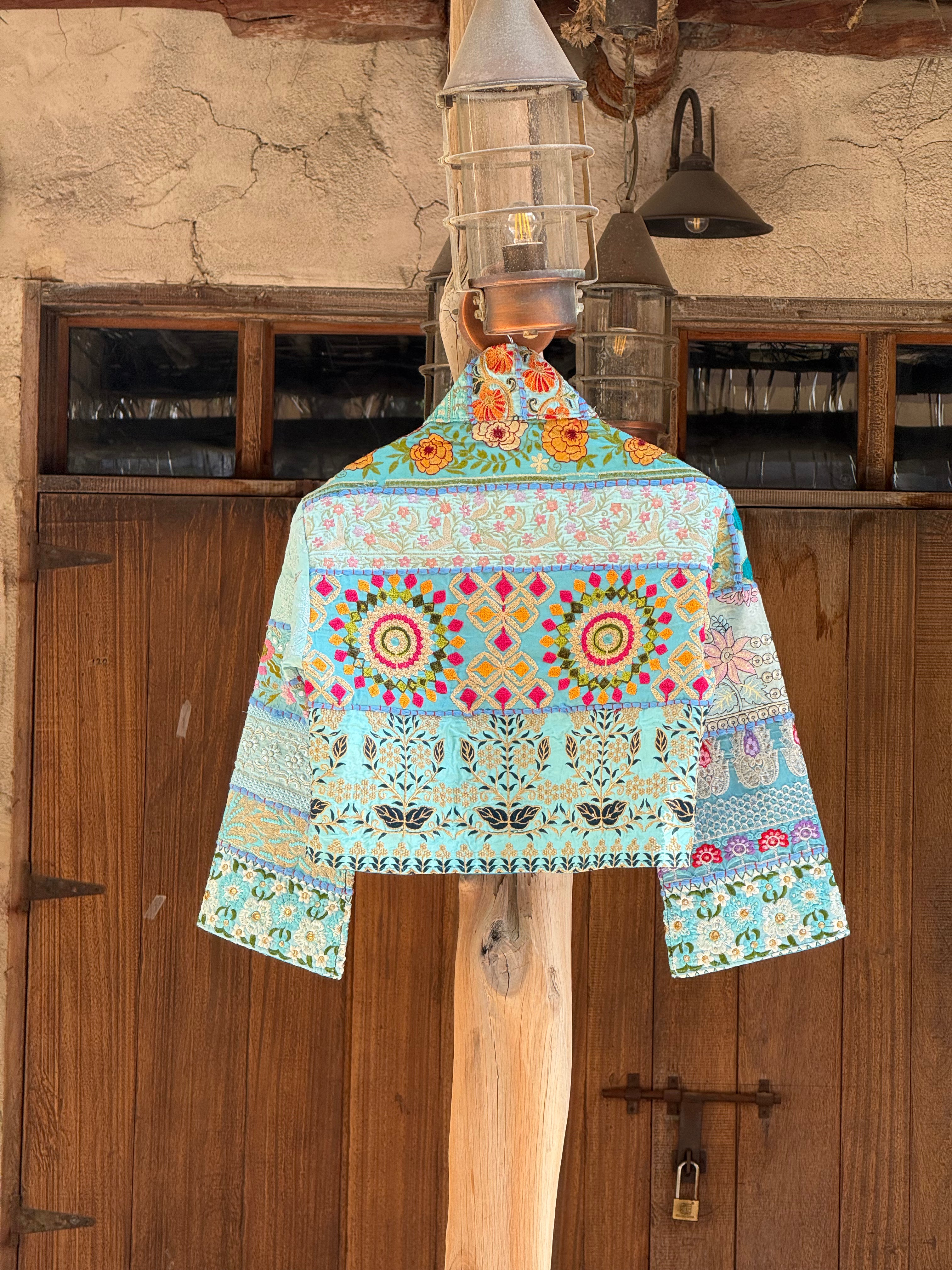 Image of Handmade Blue Patchwork Embroidered Jacket with Floral & Geometric Detailing | Elise