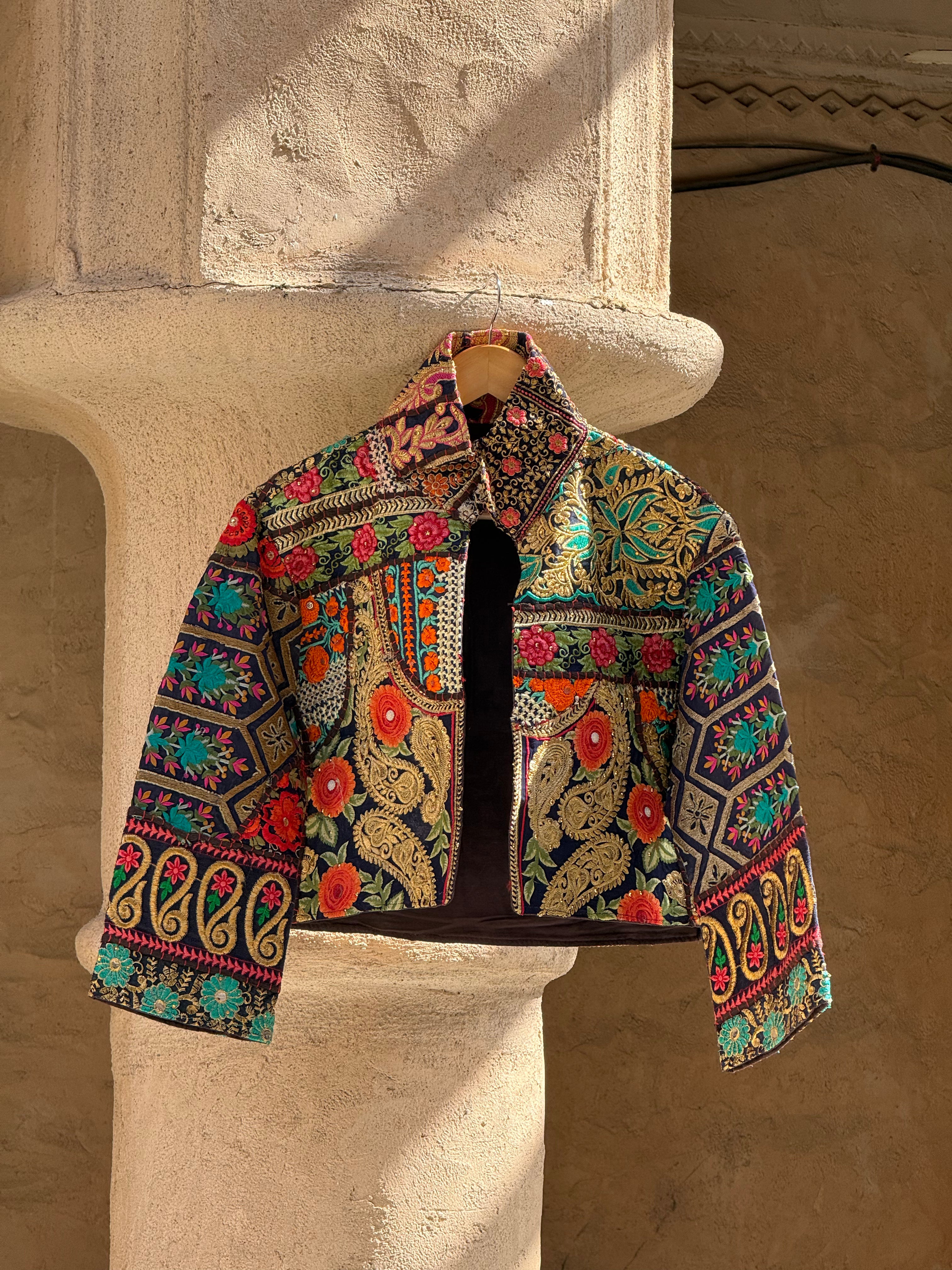 Image of Handmade Black Embroidered Jacket with Gold Paisley & Floral Detailing | Samira