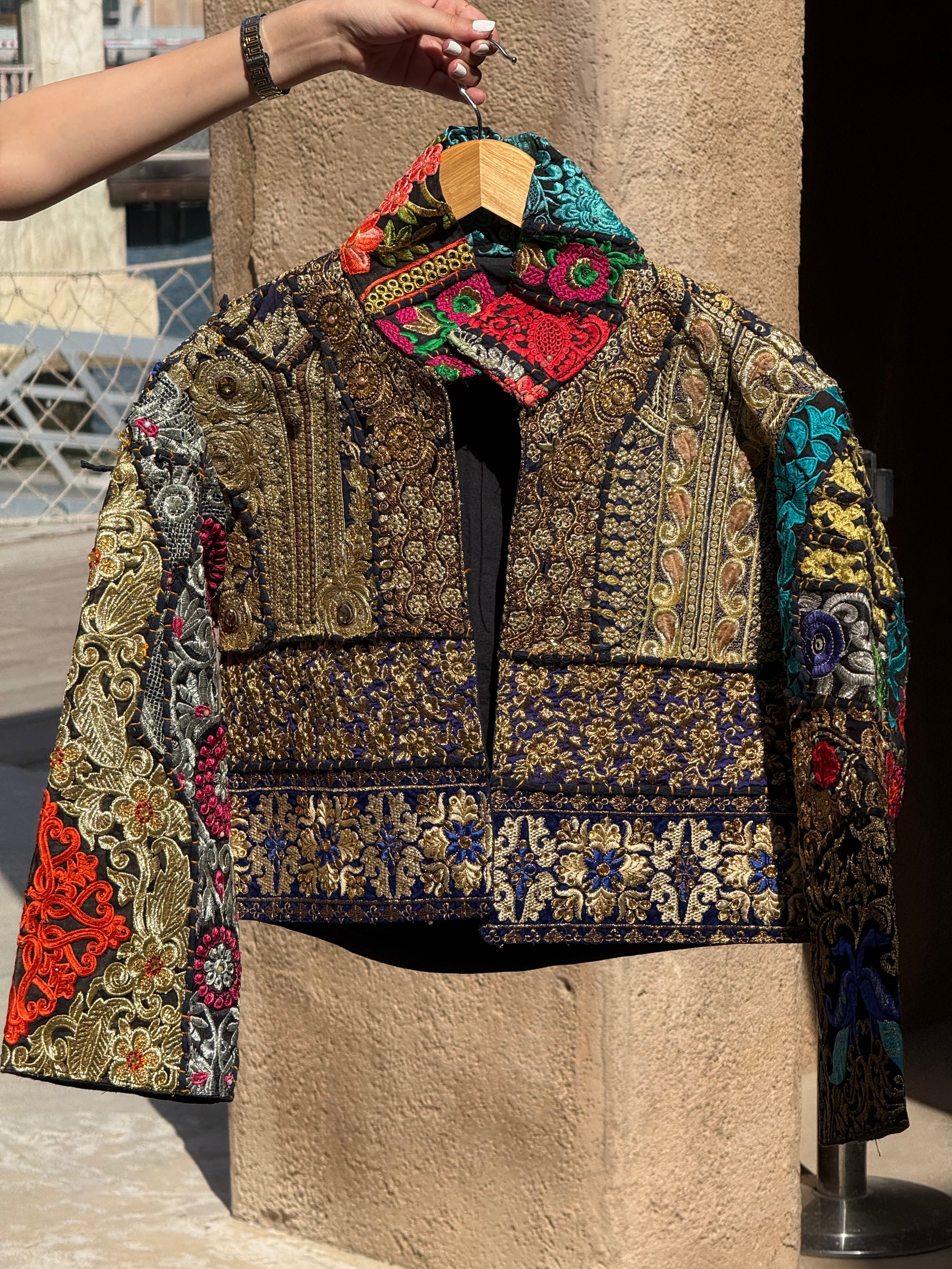 Image of Handmade Black Embroidered Jacket with Gold Detailing & Colourful Floral Motifs | Julien
