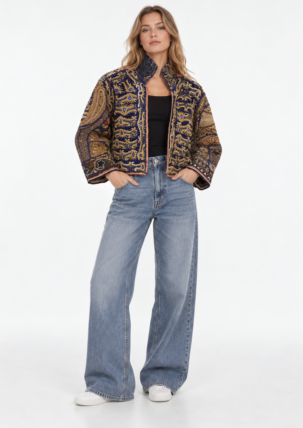 Image of Handmade Navy Embroidered Jacket with Gold & Blue Beaded Detailing | Elodie