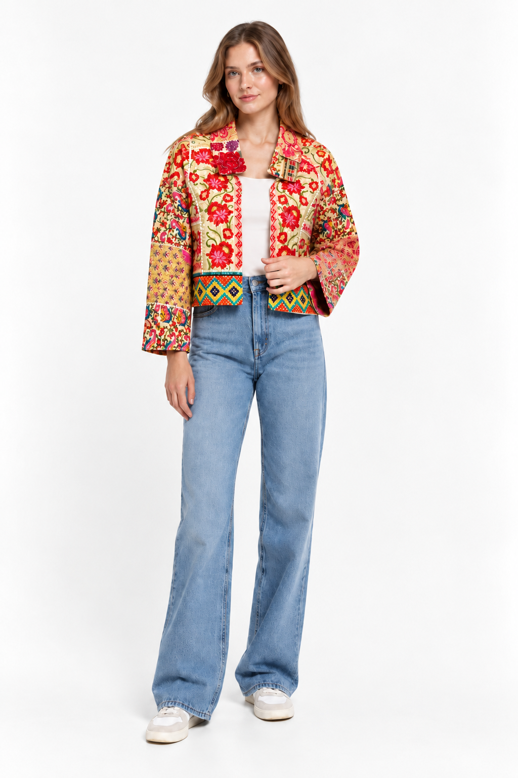 Image of Handmade Cream Floral Embroidered Jacket with Multicoloured Geometric Detailing | Riham